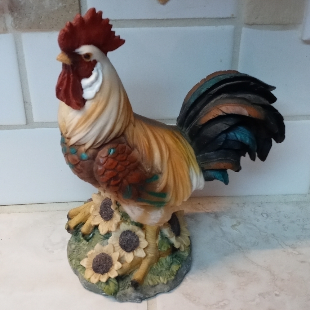 Farm decor rooster with sunflowers and a beautiful blue tail